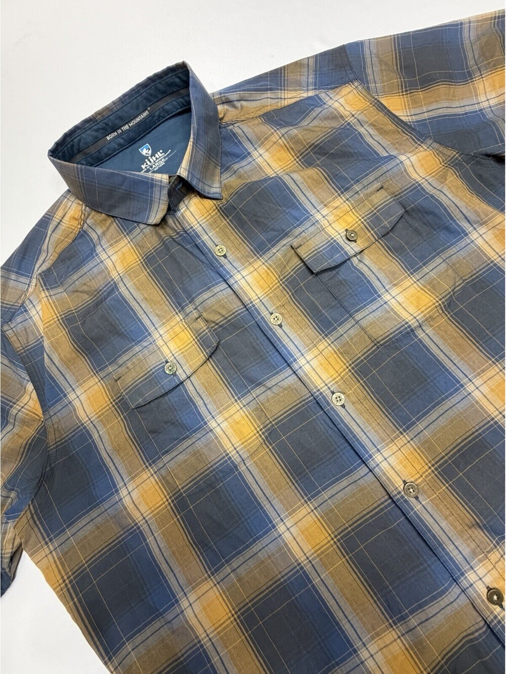 Kuhl Button Down Shirt Mens Large Blue Yellow Plaid Short Sleeve Ripstop Camp